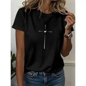Womens Casual Graphic Tee Short Sleeve Crew Neck Loose Fit Soft Cotton Blend Minimalist Cross Heart Print T Shirt Cute Everyday Summer Top