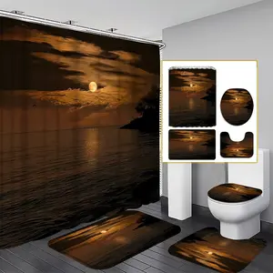 1pc/3pcs/4pcs - Bathroom Set Including Shower Curtain & Bath Mats, Beach Night Scene Design, Easy Clean Polyester Material, 12 Plastic Hooks Included