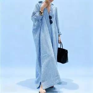 Clasi Striped Button Front Long Casual Shirt Dress Maxi Women Outfit