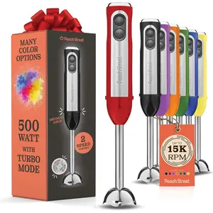 Powerful Immersion Blender Electric Hand Blender 500 Watt with Turbo Mode Detachable Base Handheld Kitchen Blender Stick for Soup Smoothie Puree Baby Food 304 Stainless Steel Blades Red