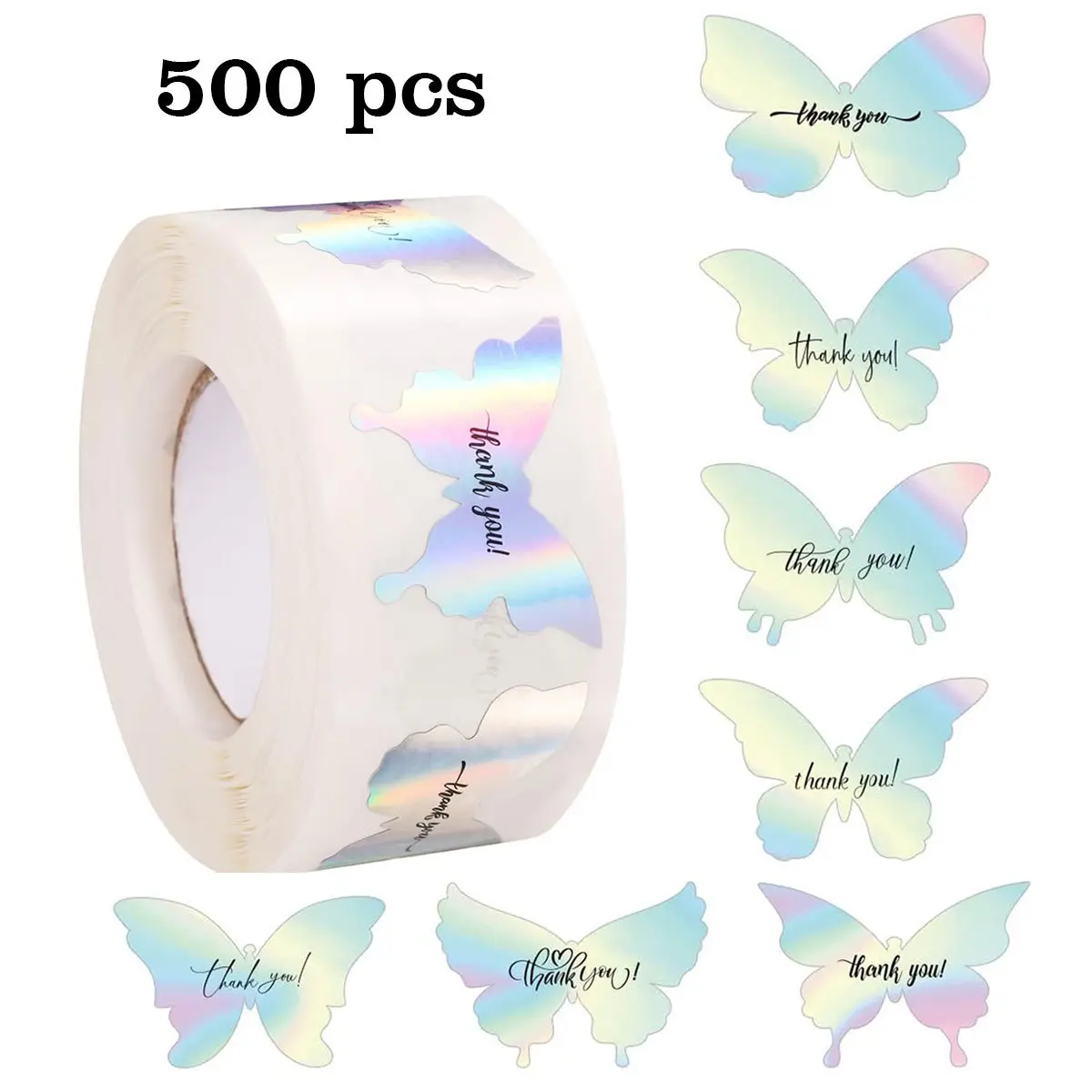 500pcs Laser Butterfly Thank You Stickers, Sticker Rolls, Adhesive Decorative Stickers, Colorful Sealing Labels, Sticky Labels for Wedding Party Gifts Envelopes Scrapbooking Decorations, Sticker Decals