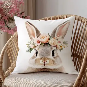 1pc Floral Rabbit-themed Pillowcase, Home Textile, 2D Flat Print Featuring Rabbit Face and Floral Headpiece Elements, Realistic Soft-drawing Style, Fresh Color Scheme, Delicate Texture, Suitable for Bedroom or Sofa, Pillow Insert Not Included