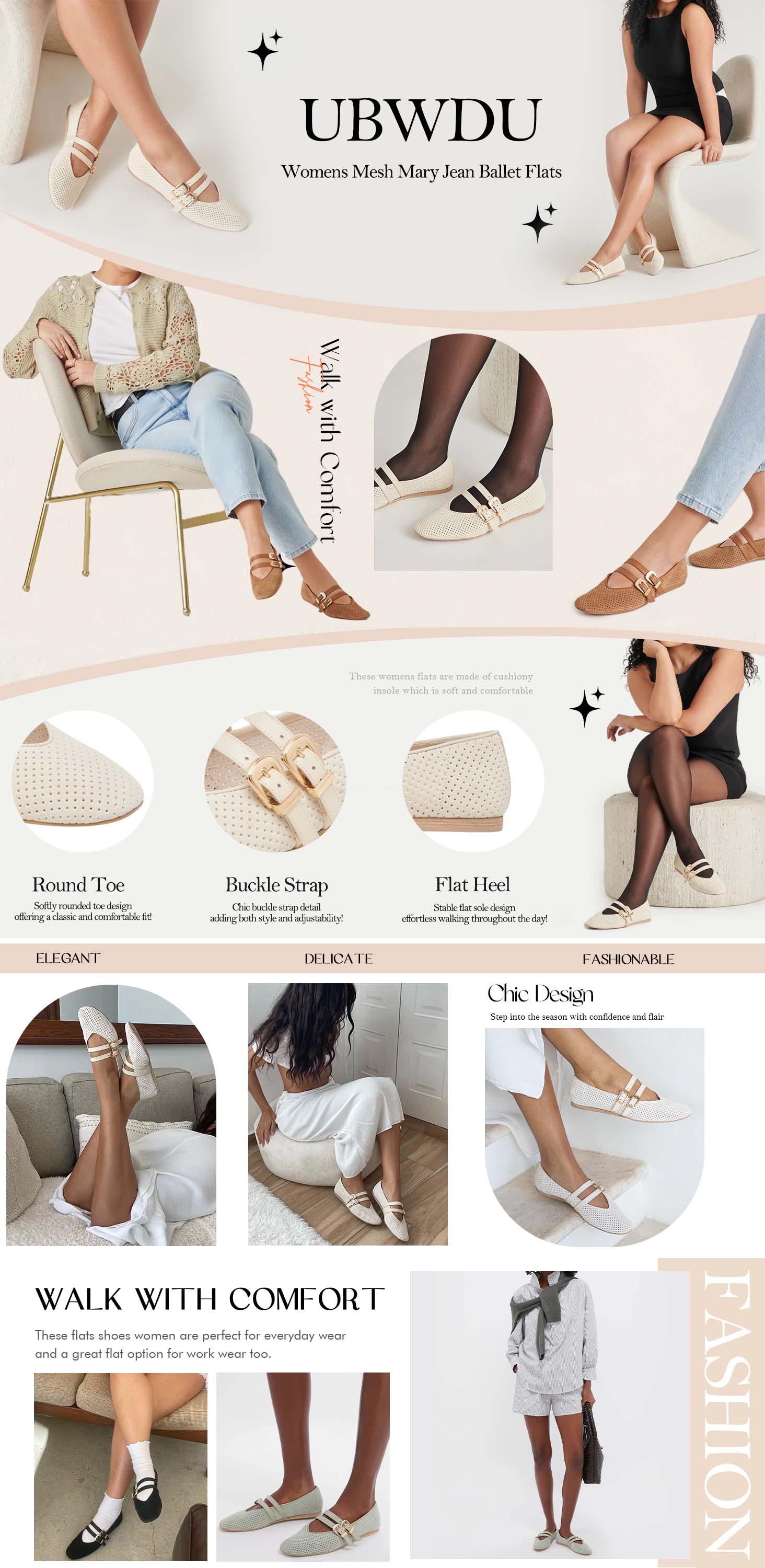 Women’s suede Mary Jane flats — perforated round toe ballet flats, comfortable walking ballerina shoes with double buckle strap