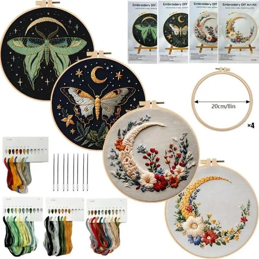 Beginner Elegant Butterfly Moon 20cm Cross Stitch Embroidery Kit - Complete Set with Printed Cotton Fabric, Threads, Needles, Instruction Manual for DIY Home Crafts (Sports & Outdoor Fan Shop Premier League Compatible), 20Cm/8In