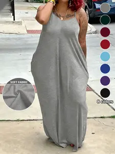 Plus Size Women's Casual Basic Plain Solid Strap Dress, 8 Color Options, Loose Fit Slimming, with Pockets, Daily Wear/beach Vacation