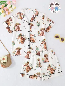 Fire-Retardant Pyjama Set, Short Sleeve Button Front Cardigan & Shorts, Casual Animal Highland Cow Floral Print, Unisex All Seasons, Floral Pajama Sets