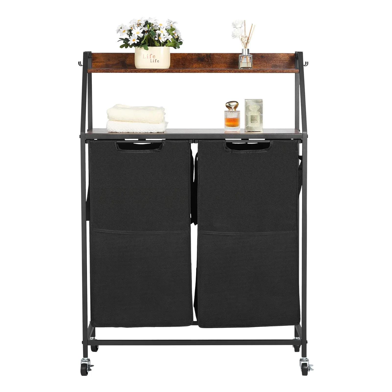【Summerfinds】2-Tier Rolling Laundry Sorter Trolley - Father's Day Gift with Metal Frame, Wood Tabletop, Ladder Shelves, 2-Section 600D Oxford Cloth Dirty Clothes Bags for Women's Clothes Home Storage Organization, Room Accessories