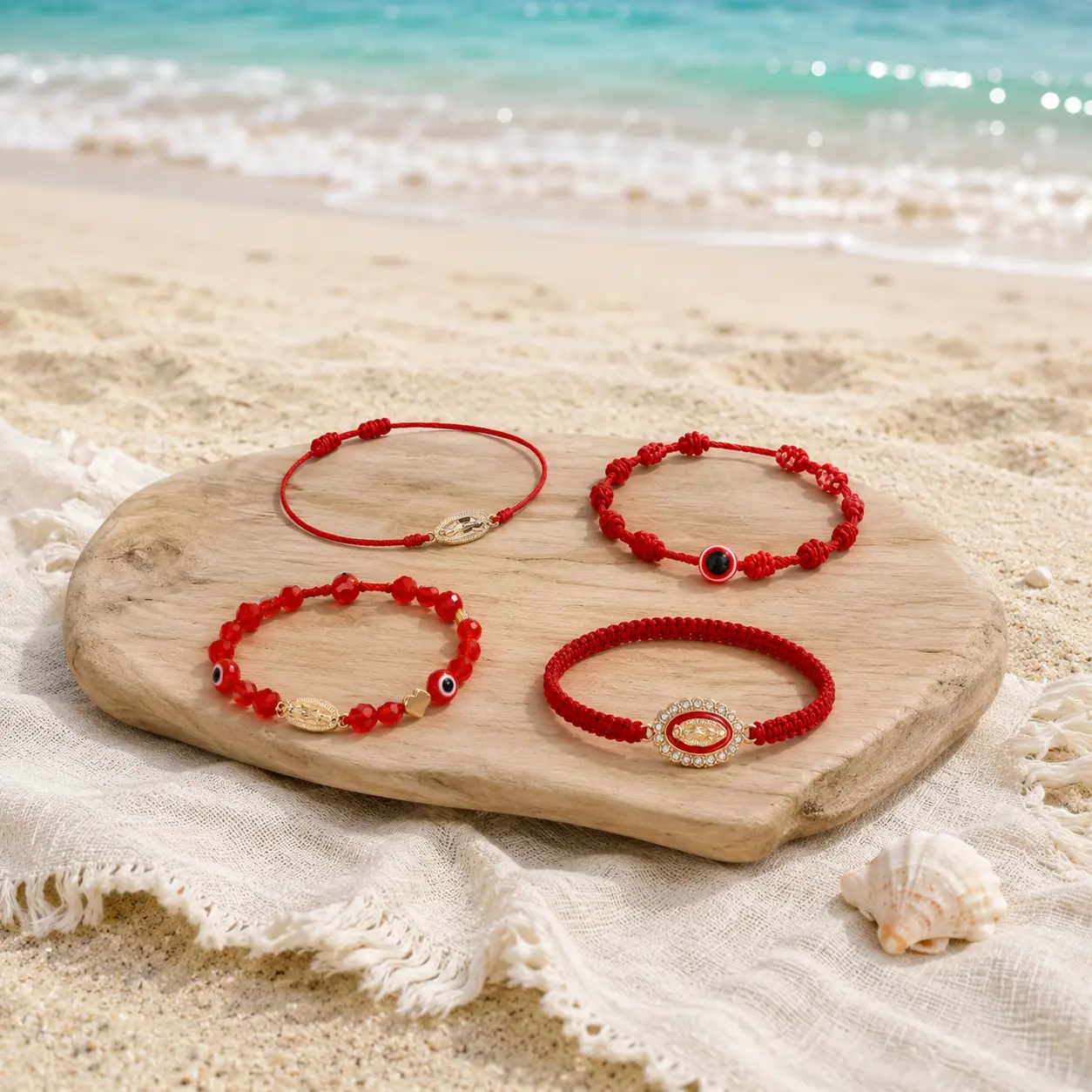 Sicbumi 4Pcs Beaded Bracelet Set with Rhinestones, Mexican Braclets Virgin Mary San Judas Boho Style Beaded Braided Bracelet For Women Girls Couple Red String Evil Eye Green Beads Anklets Jewelry Gift Bead Bracelets