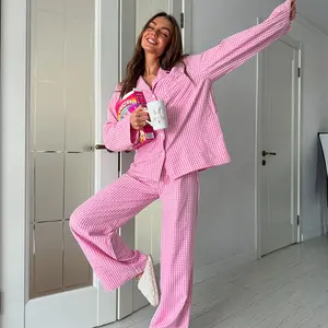 Women's plaid two-piece pajamas, pure cotton pajamas, plaid pajamas, long-sleeved puffy shirt and long pants, home wear