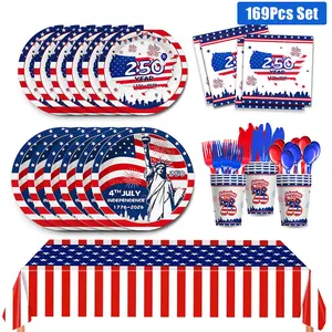 4th of July Party Supplies, 250th Anniversary of USA Party Decorations Includes Tablecloth, Independence Day Party Plates and Napkins, Cups, Cutlery Forks Spoons Knife, Serves 24