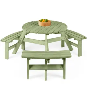 Best Choice Products 6-Person Circular Outdoor Wooden Picnic Table w/ 3 Built-In Benches, Umbrella Hole