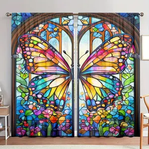 Butterfly Pattern Door Curtain, 1 Set Colorful Glass Butterfly Print Door Curtain, Home Decor for Living Room Bedroom, Room Divider Curtain, Window