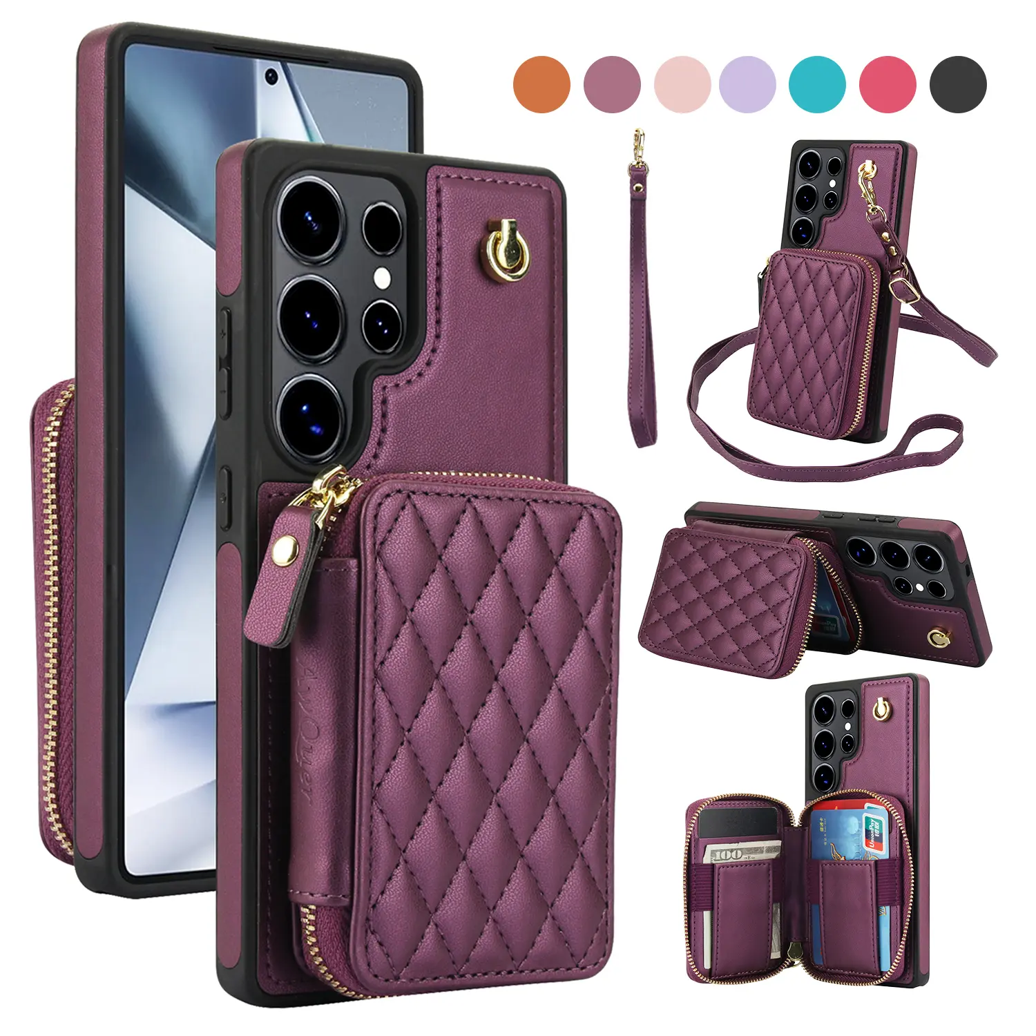 NUYETE Crossbody Wallet Case for Samsung Galaxy S26 Ultra Plus S25 S24 S23 S22 Ultra, Zipper RFID Blocking Purse, Leather Card Holder Case, with Wrist Strap Lanyard Handbag