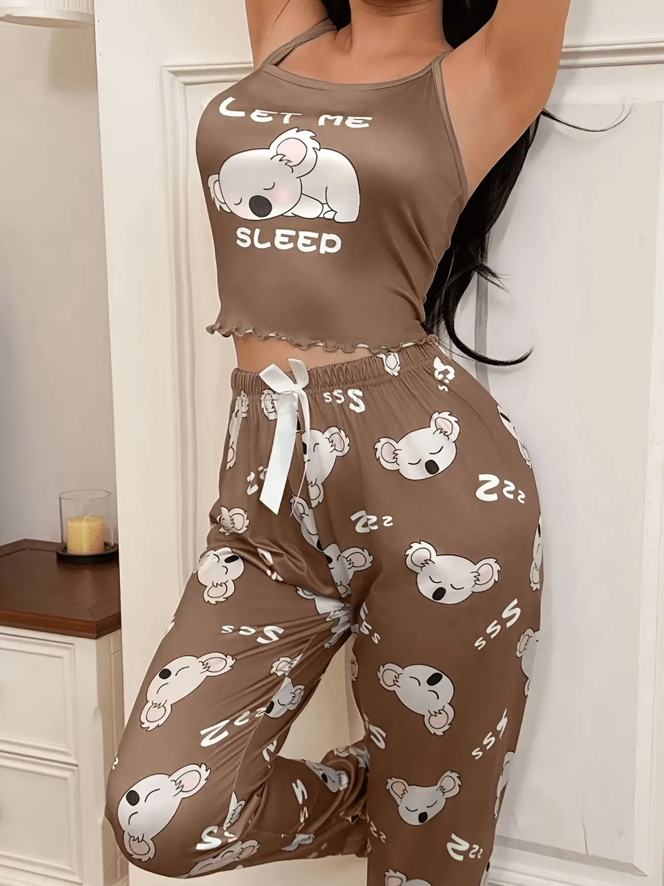 Dream Love 2-Piece Cute Koala Print Halter Top and Roll-Edge Long Pants Sleepwear Set, Comfortable Elegant Design, Women's Home Clothing, Pajama Set