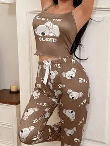 Dream Love 2-Piece Cute Koala Print Halter Top and Roll-Edge Long Pants Sleepwear Set, Comfortable Elegant Design, Women's Home Clothing, Pajama Set