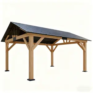 【Ships in 4 Boxes】AMERLIFE 13*15FT Wood Gazebo, Outdoor Gazebo with Metal Steel Gable Roof, Hardtop Gazebo with Bar storage space for Garden, Patio,#SummerVibes,summervibes