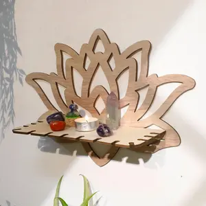 Wooden Lotus Design Display Stand, Hollow Out Design Crystal Holder Shelf, Boho Lotus Flower Shaped Organizer for Home, Meditation, Yoga Space, Decor, Wall Mounted Shelf