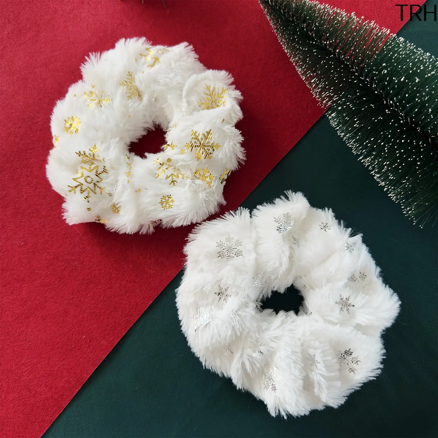 Christmas Snowflake Fuzzy Scrunchies for Women, Gold Silver Foil Plush Hair Ties, Winter Holiday High Elastic Fluffy Ponytail Hair Accessories