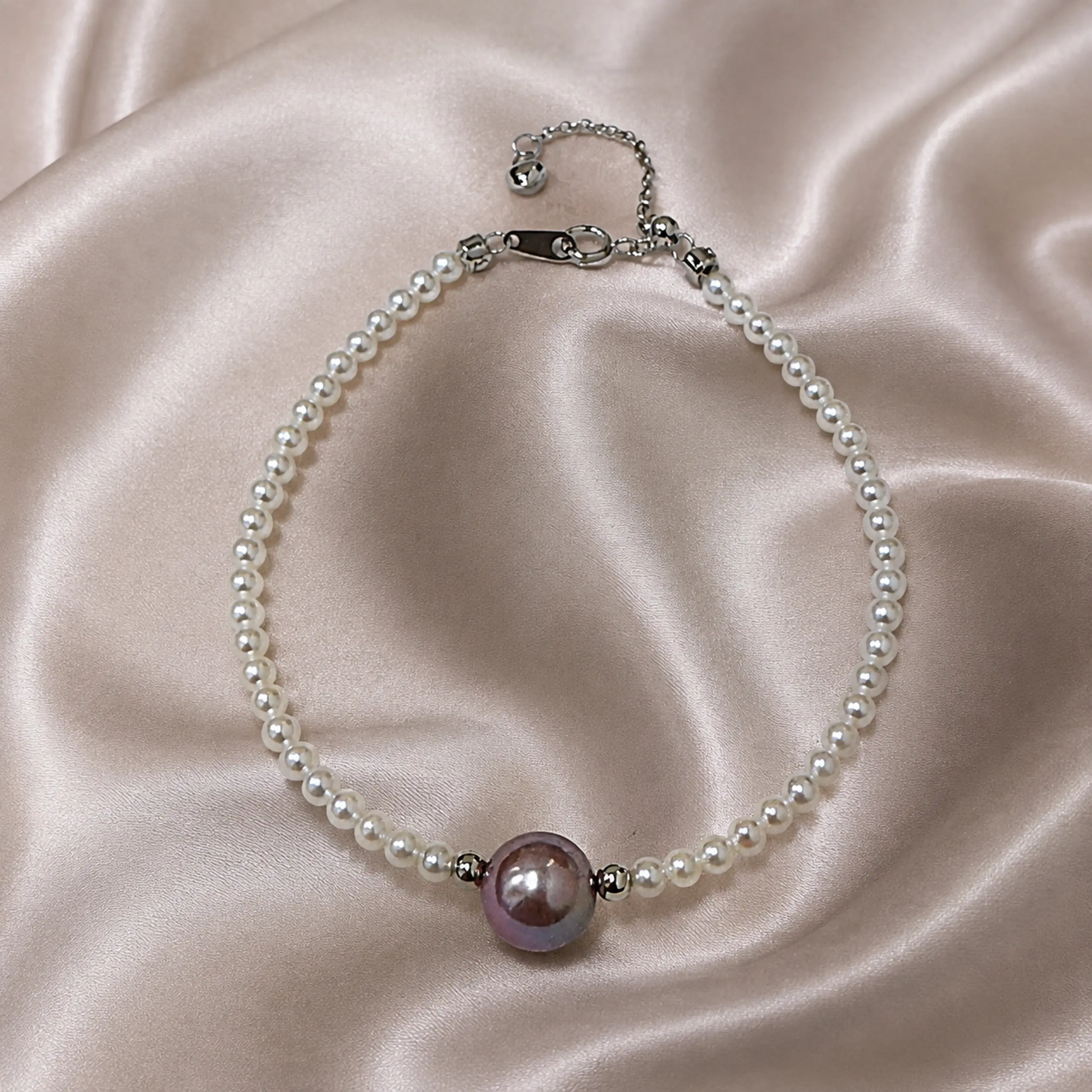 Edison Akira Pearl Bracelet 9-10mm Purple Freshwater Pearl with White Baby Pearls S925 Sterling Silver Chain Adjustable Dainty Luxury Fine Jewelry
