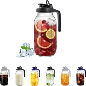 64oz 2 Quart Glass Mason Jar Pitcher with Lid Pour Spout & Handle, Leak-Proof Fridge Container for Breast Milk Coffee Iced Tea Juice Water, Ideal for Party Outdoor Daily Use