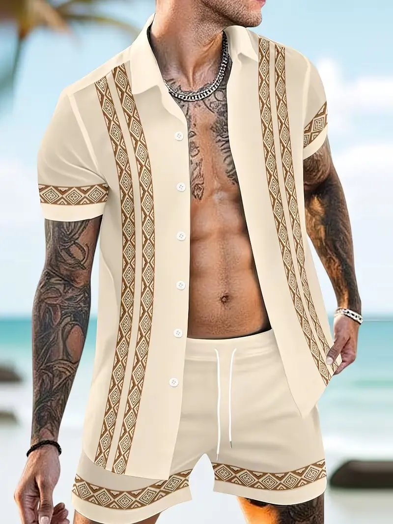 Menswear Men's 2-Piece Hawaiian Matching Set - Palm Tree Print Short-Sleeve Button Shirt, Drawstring Beach Shorts, Casual S-6XL