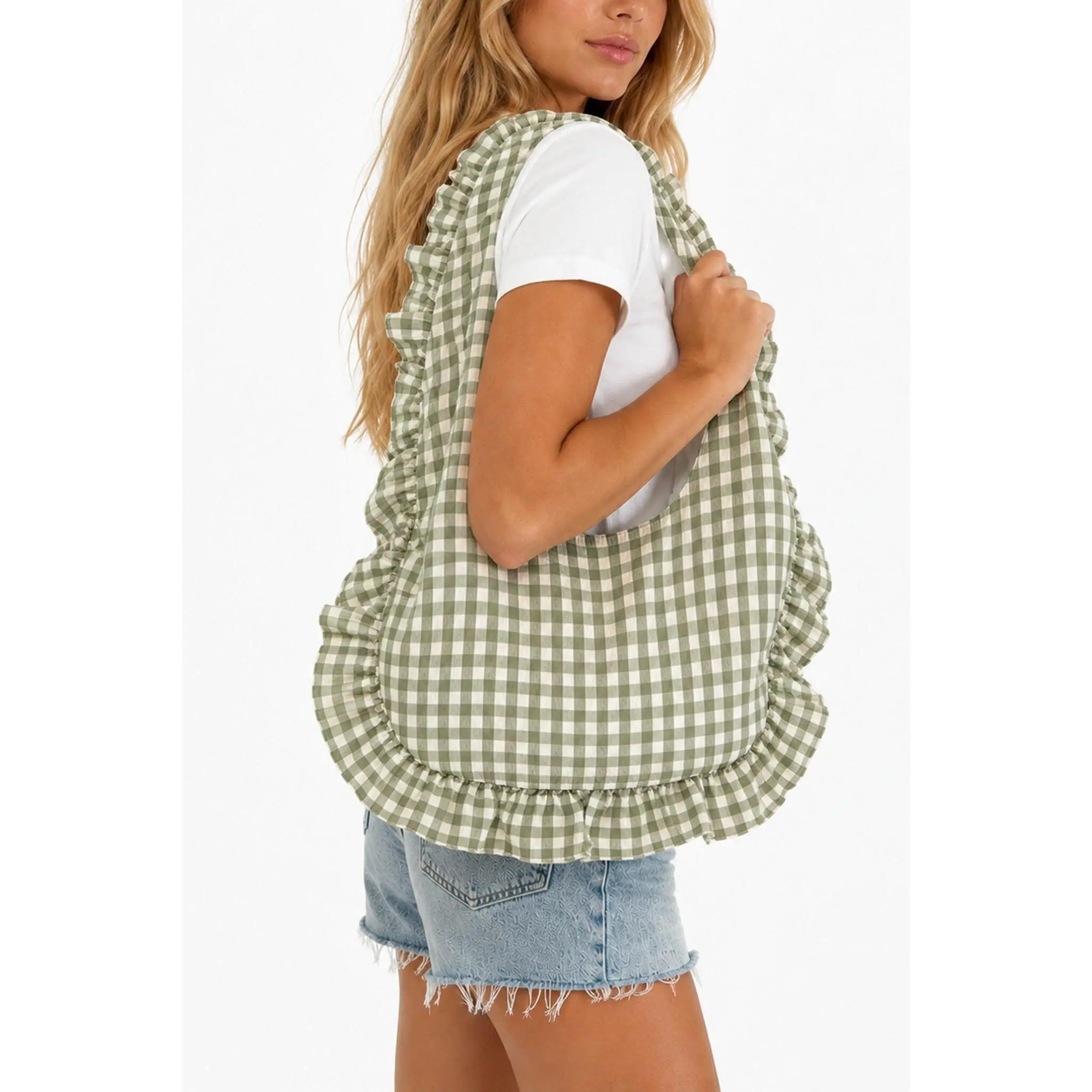 Ruffle Gingham Tote Bag