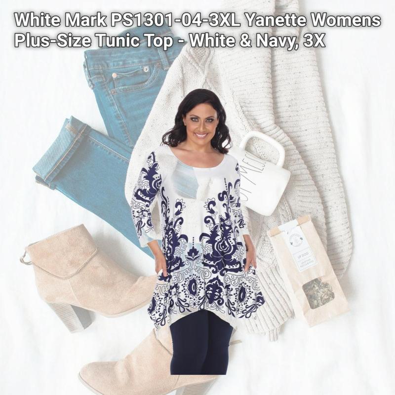 White Mark PS1301-04-3XL Yanette Womens Plus-Size Tunic Top - White & Navy, 3X