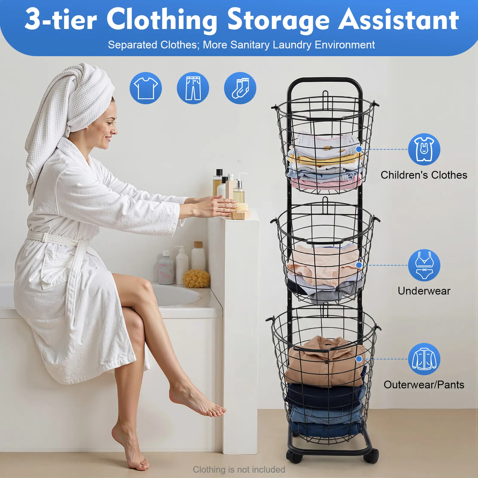 3 Tier Rolling Laundry Hamper Organizer Space Saving Black Metal Laundry Sorter Cart Removable Tilt-Out Breathable Baskets for Laundry Room Bathroom