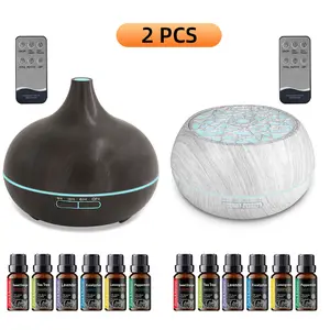 2 Pack Ultra Quiet Wood Grain Diffuser for Bedroom Sleep 550ml with Remote Control and 12 Essential Oils Humidifier