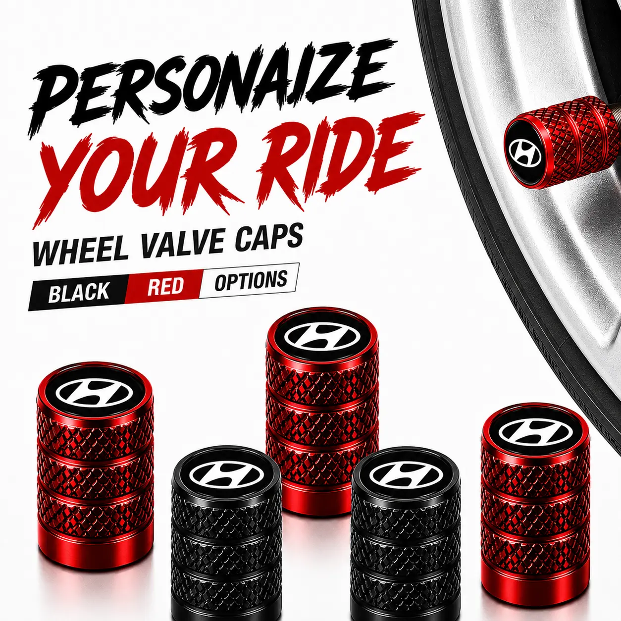 5-Pack Hyundai Logo Knurled Aluminium Tire Valve Stem Caps, Rubber O-Ring Leakproof, Anti-Corrosion, Dustproof, TPMS-Safe for Tucson Sonata Santa Fe Palisade Kona Venue Sedans, SUVs, Trucks, Universal Schrader Valve Auto Wheel Mod Decor Parts