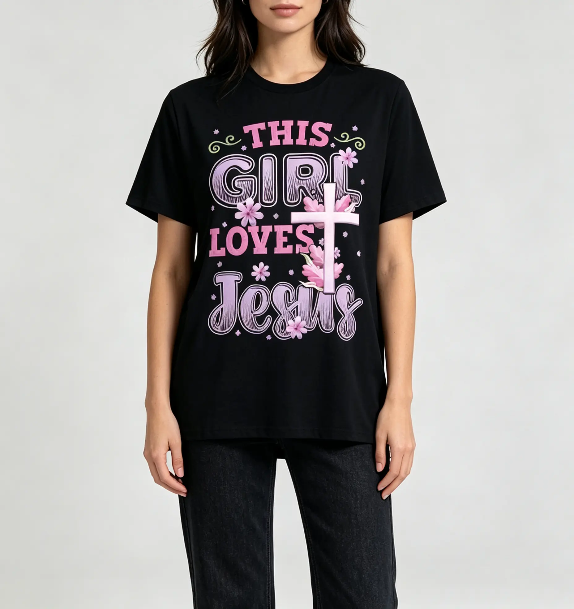 This Girl Loves Jesus" Inspirational Christian T-Shirt - Soft 100% Cotton, Round Neck, Short Sleeve with Cross & Floral Design - Ideal Gift for Men, Women, Family, Friends - Perfect for Halloween, Thanksgiving, Christmas Top Womenswear