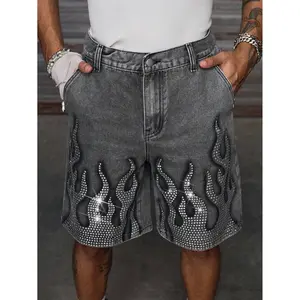 Unisex Grey Rhinestone Flame Denim Shorts Y2K Streetwear Loose Fit Jean Shorts for Men and Women Bling Sparkle Fire Pattern Wide Leg Baggy Hip Hop Shorts Gothic Harajuku Aesthetic Summer Bottoms Dark Wash Distressed Style Cargo Pockets