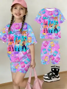 Girls Kpop Korean Style Summer Fashion Comfortable Short Sleeve Yoga Shorts Set, Rumi/mira/zoe Printed, Casual Outdoor Wear, Holiday Gift