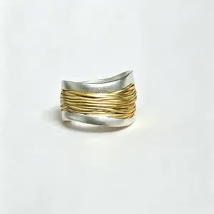 Minimalist matte gold and silver two-tone copper textured ring, wide two-tone copper wrap-around ring