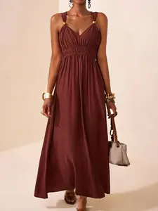 2026 Summer New Long Sleeveless Thin Strap Deep V Neck Elegant Feminine A-Line Dress, Stylish Women's Fashion, Perfect for Parties and Events