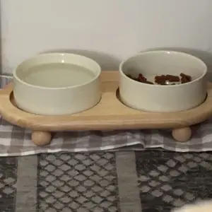 Pawluxuria Elevated Ceramic Double Pet Bowl Set with Wooden Stand Non-Slip Design Microwave & Dishwasher Safe for Dogs & Cats Feeding
