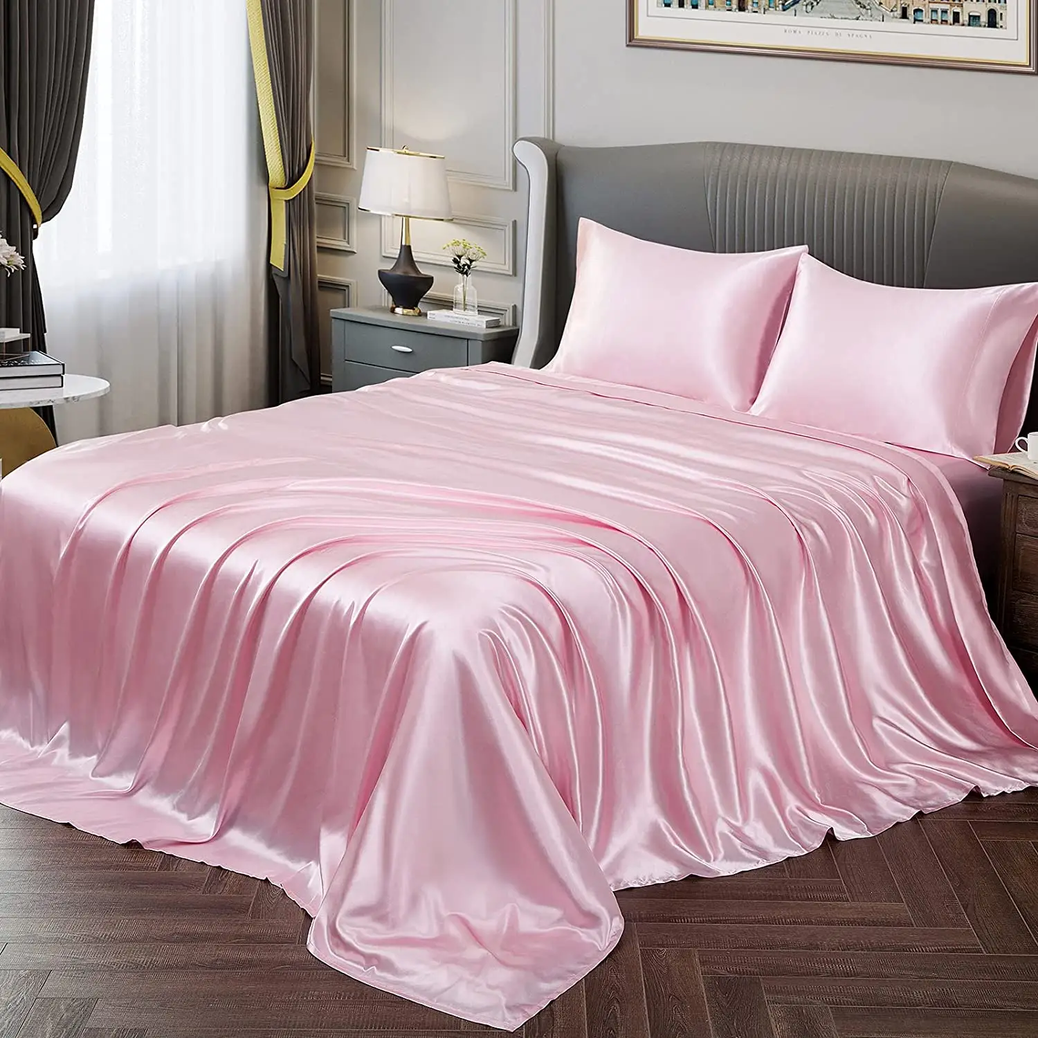 Solid Color Satin Bedding Set, 3/4 Counts Luxury Bed Sheets Includes 1 Flat Sheet, 1 Fitted Sheet, and 1/2 Pillowcase without Filler, Room Accessories