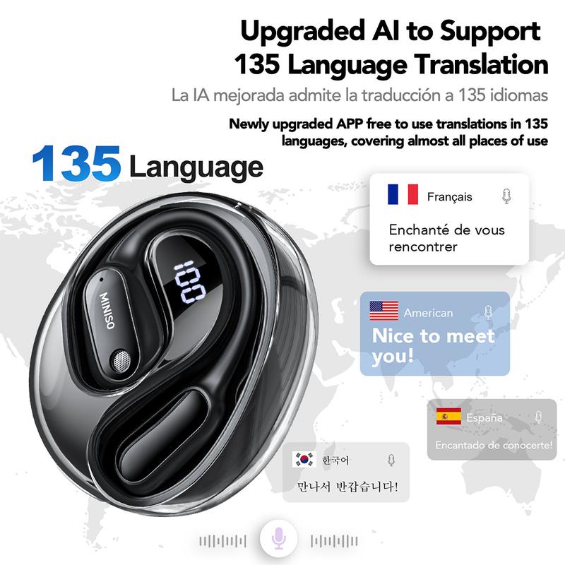 MINISO MS190 Translation Earbuds, Supports Real-Time Translation in 134 Languages With APP, Bluetooth 6.0 Earphones, Audio Wireless Earbuds for Music & Phone Calls, IPX5 Waterproof Sports Electronic Headphones with Long Endurance