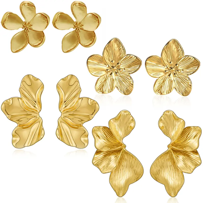 Women's 14K Gold-Plated Flower Leaf Chunky Dangle Earrings - Bold Irregular Leaf Floral Designs, Ornate Gold-Toned Metal Coating Costume Jewelry, 0.1oz Weightless Accessories Adults Female