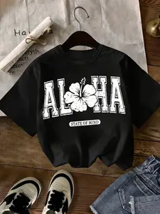Aloha Hawaiian Graphic T-Shirt with Hibiscus Flower Pattern, Casual Comfortable Summer Short Sleeve Tee for Women, Fitted Design for All Seasons