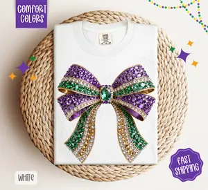 Faux Rhinestone Mardi Gras Bow Shirt Comfort Colors, Trendy Women's Tshirt
