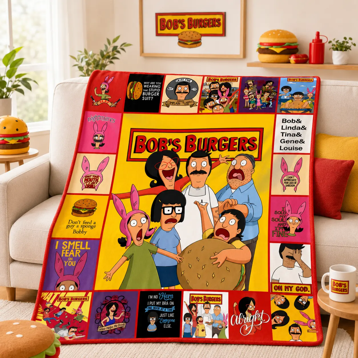 BOB'S BURGERS Cozy Blanket, Ultra-Soft Cartoon Plush Throw - Comfortable Flannel, Warm Cozy Throw for Naps, Bed, Sofa, Travel & AC Rooms