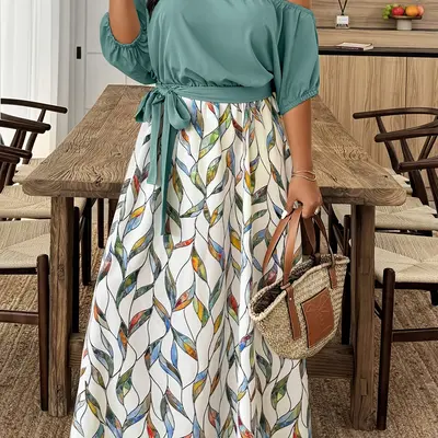 plus size beach dresses with sleeves Final Sale Plus Size Deep V Faux Wrap Dress with 3/4 Sleeves in Navy Multi Leaf Print