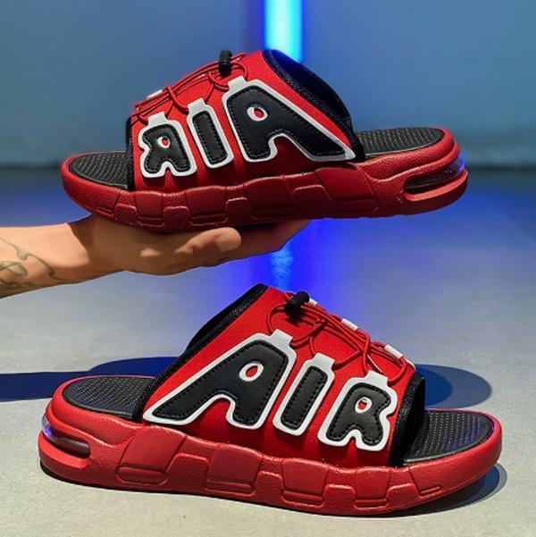 AIR Letter Air Cushion Thick Sole Slide Sandals Red/Black Color Block Drawstring Single Strap Unisex Sport Style Outdoor Slippers