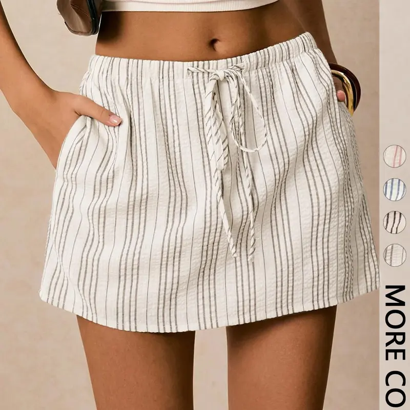 1 Piece Elastic Waist Striped Shirred Skort for Women, Comfortable, Chic and Versatile, Daily Casual Summer Style