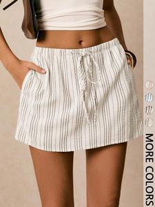 Women's Striped Culottes With Pockets, Adjustable, Waist Tie, Casual Summer Vacation Beach Shorts