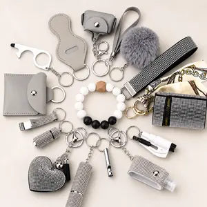 15-Piece Rhinestone Keychain Set for Women, Wristlet Keyring With Pom-Pom, Card Holder, Bracelet, Pouches and Charms