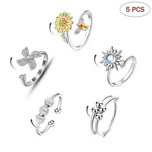 Jocestyle 5Pcs Anxiety Rings Rotatable Fidget Stress Relief Open Finger Rings Adjustable Spinner Rings Gift for Men Women Alloy Material Sunflower Smooth Beads Frosted Beads Windmill
