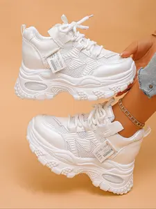 Women's Fashion Casual Sports Shoes, Breathable Mesh Upper, PU Leather, Rubber Sole, Below Ankle Height, All Seasons, Fashionable Casual Sneakers