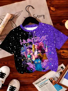 Summer Kpop Huntress Girl Group Derpy Digital Print Fashion Girls' T-Shirt, Graphic Shirts, Stylish Kids' Clothing, Trendy Apparel, Graphic Tees